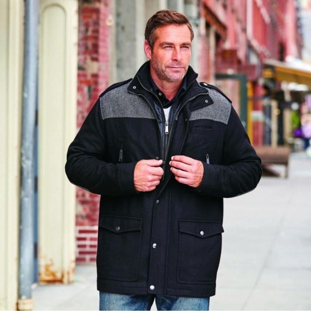 KingSize 2XL Big Wool Blend Herringbone Utility Coat Black Multi-Pocket